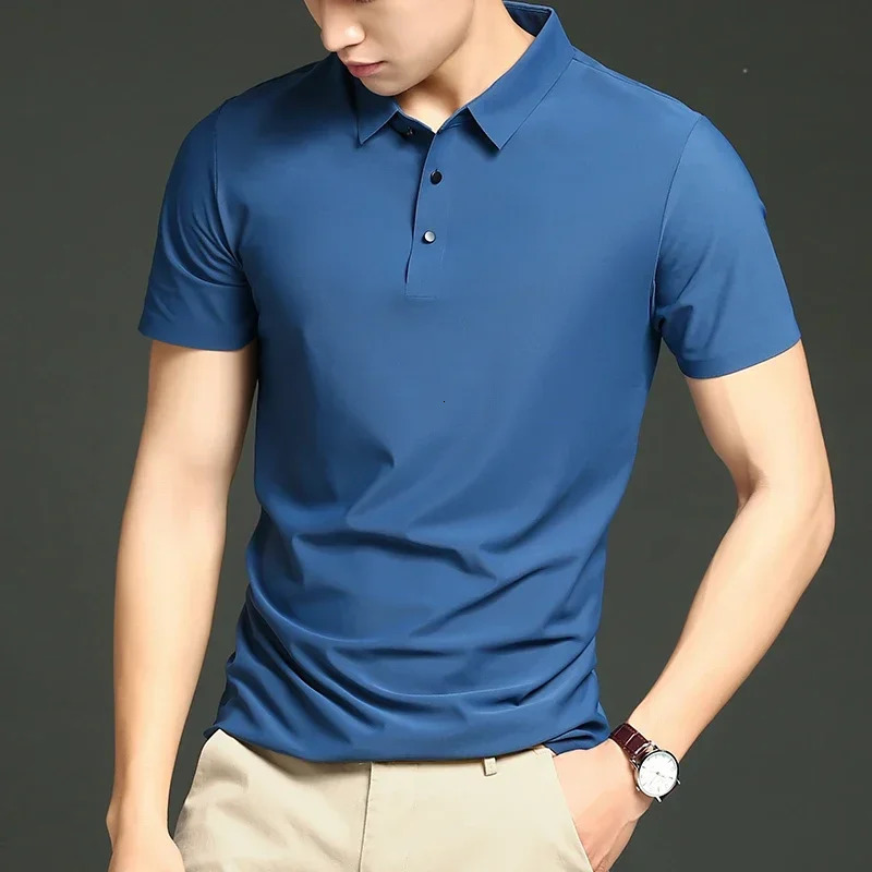 Summer T-shirt Short Sleeve Stretch Ice Silk Polo Shirt Men Business Casual Lapels Slim-Fitting Seamless Mercerized Thin Top Men 250304