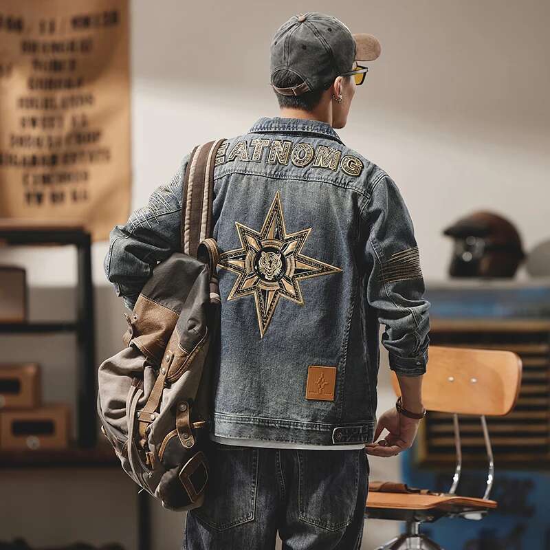 New Retro Denim Jacket Men Washed High Street Motorcycle Five Pointed Star Sticker Embroidery Casual Fashion Versatile Youth Top