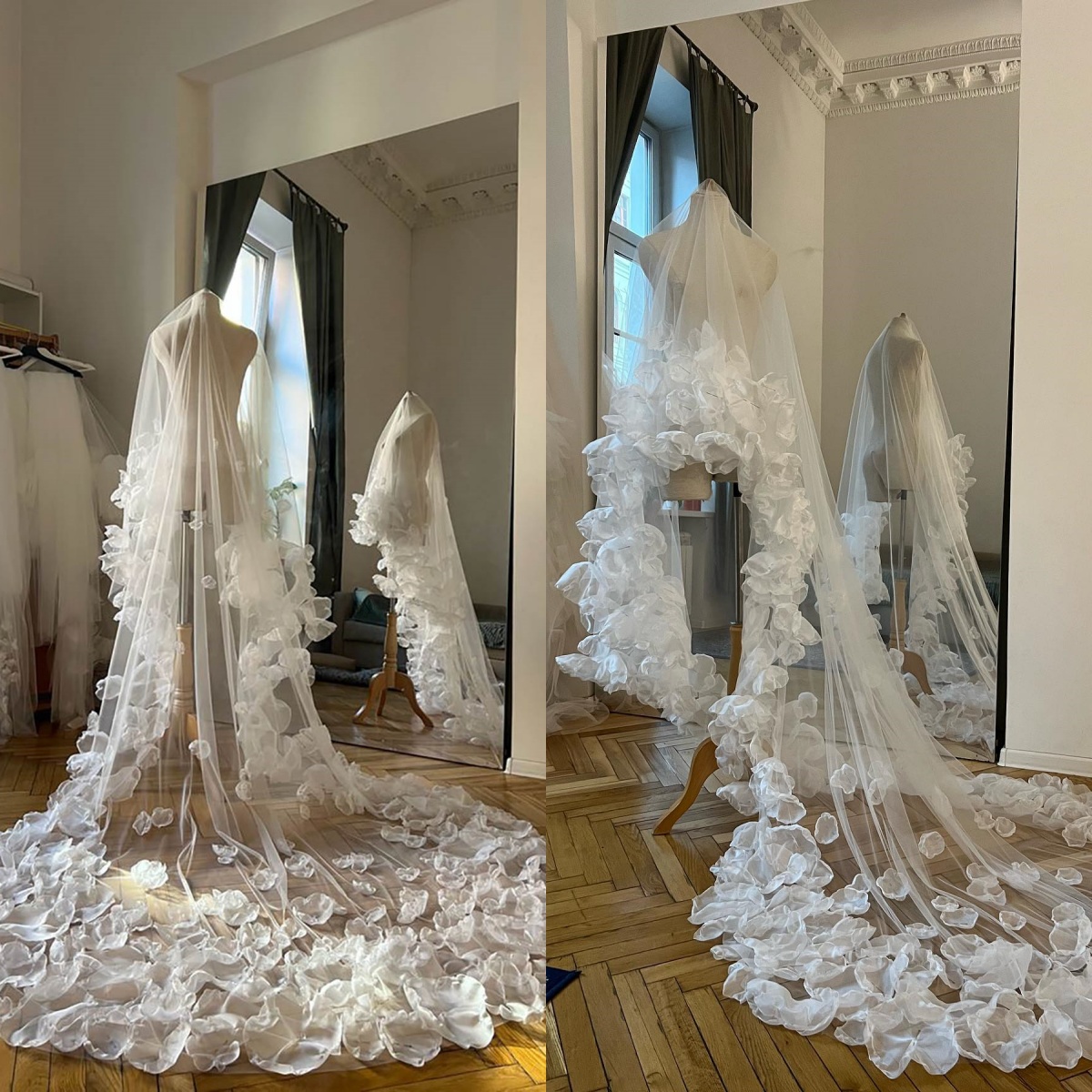 Romantic Wedding Veils 3D Handmade Petal Two Layer Cathedral Length Bride Veil Customized Applique Edge Bridal Accessories