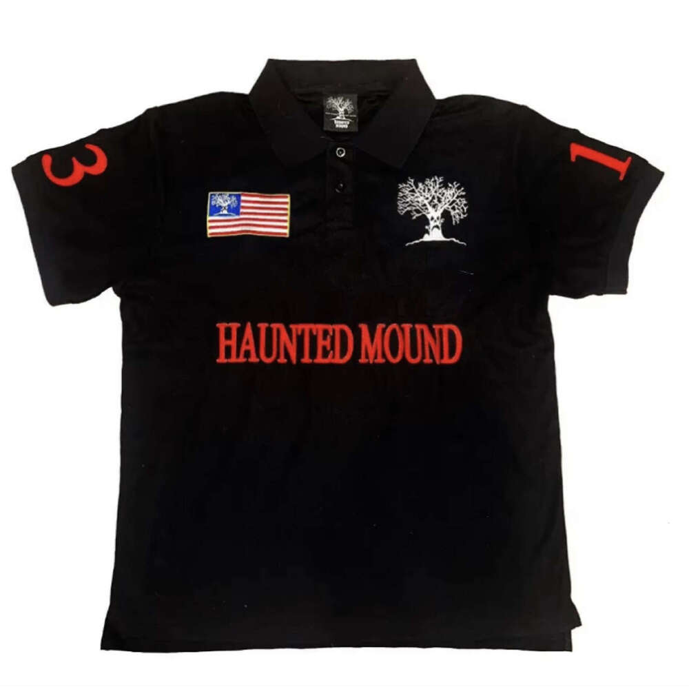Embroidered with 13Polo collar, t-shirt in black, minimalist, trendy, personalized embroidered short sleeved shirt