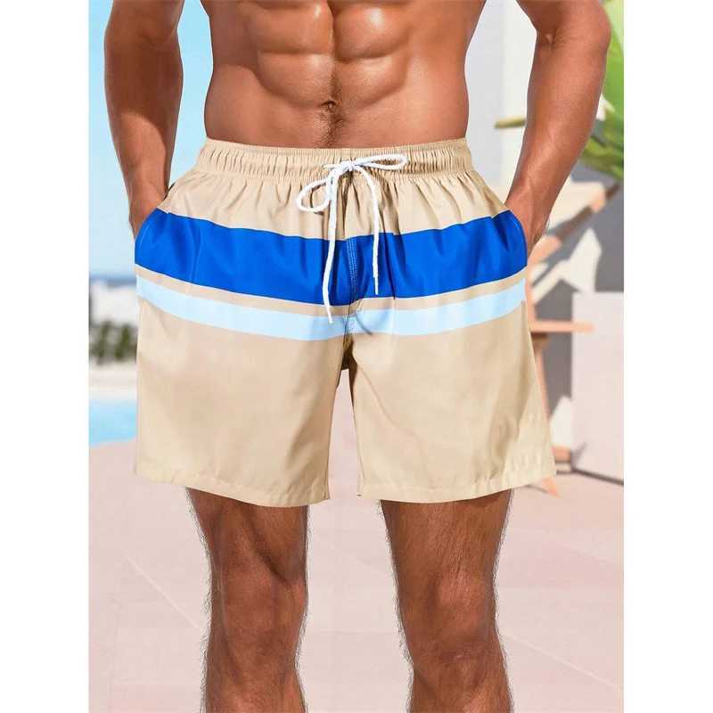 Colorful Stripe Pattern Beach Shorts For Men Color Stitching 3D Printed Swim Trunks Summer Hawaii Board Shorts Loose Short PantsT250304