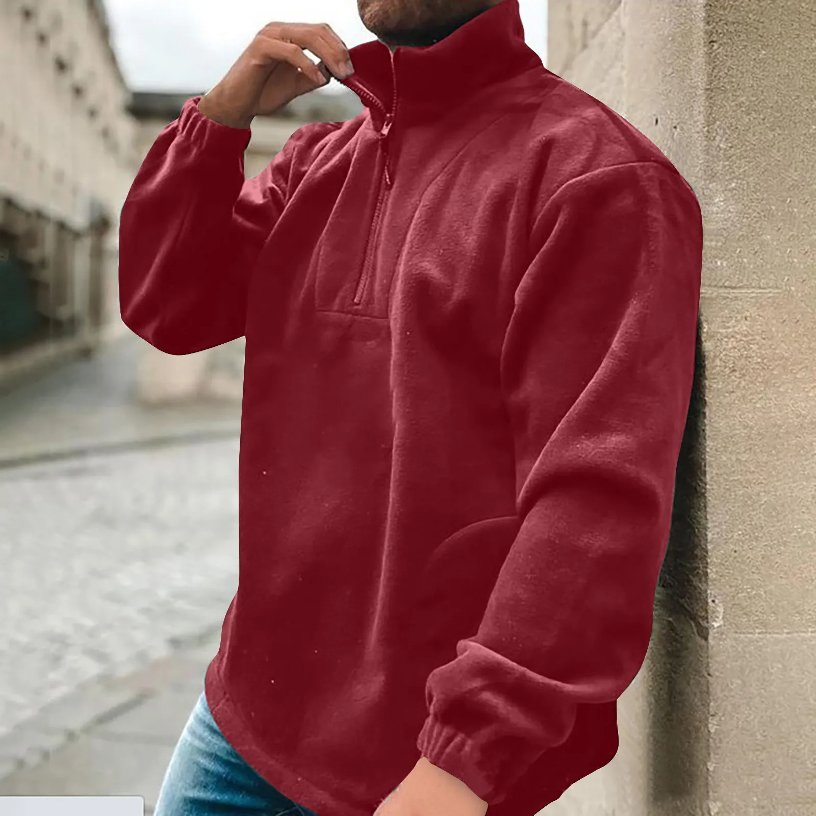 Mens Fleece Hoodless With Half Zip Solid Color Long Sleeved Sweatshirts Casual Cropped Tops For Selling Item 2024 250304