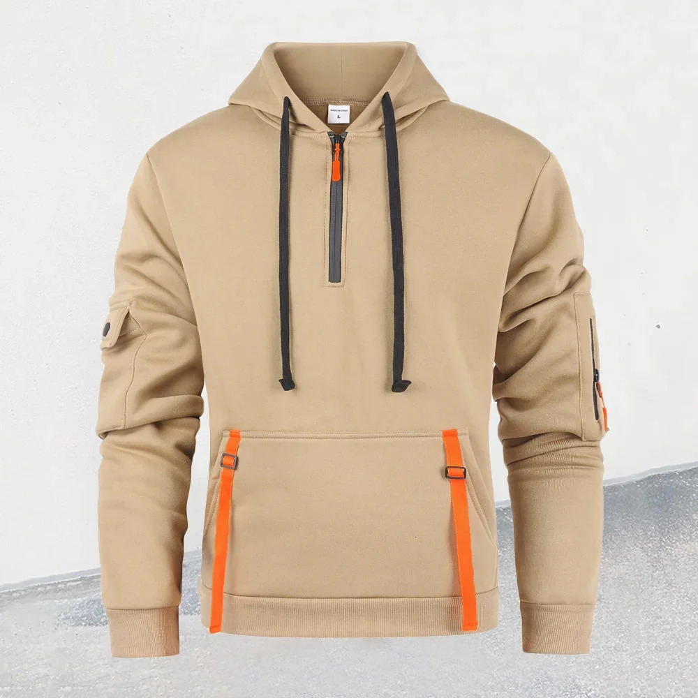 Mens Hooded Sweatshirts Half Zipper Streetwear Autumn Winter Solid Color Pullovers Long Sleeve Fashion Multipockets Tops 250304