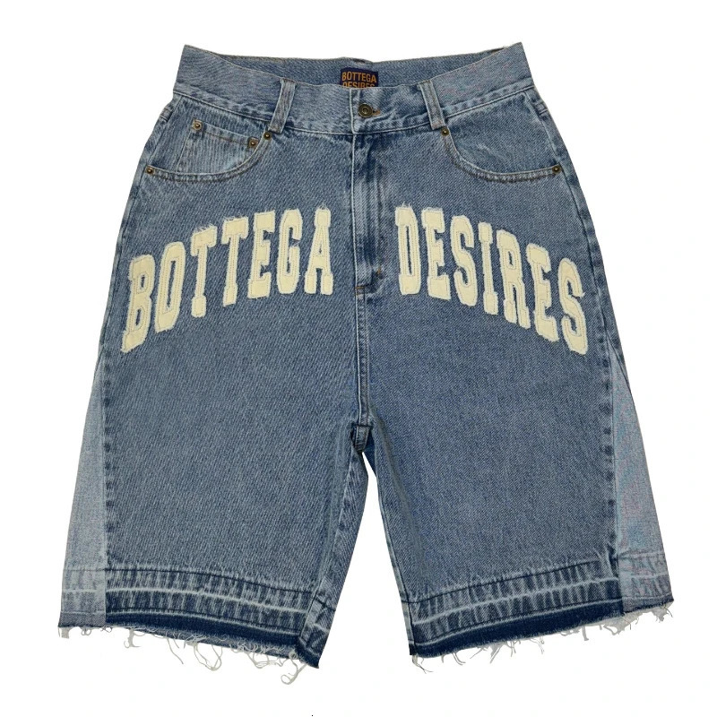Y2K Retro Denim Shorts Washed Tassel Alphabet Embroidery Pattern Jorts Men Harajuku Hip Hop Trend Versatile Unisex Baggy Shorts 250304