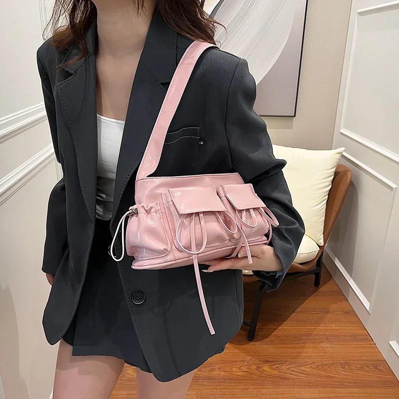 Y2K Korean Fashion Underarm Shoulder Bag Red Silver Female Bag Pu Leather Armpit Bag Chain Handbag Tote Clutch Bag High Capacity 250228