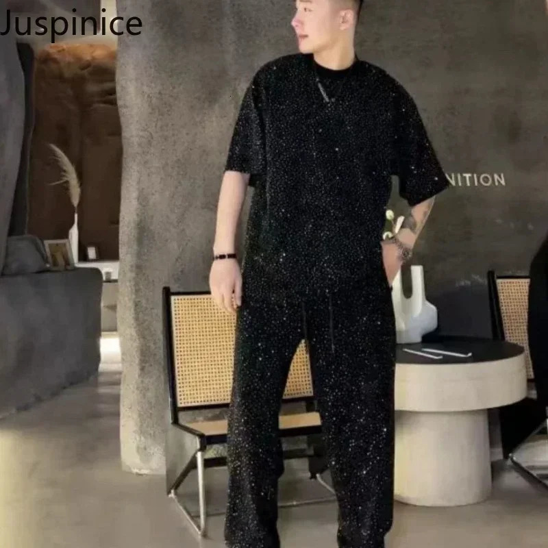 Summer Personalized Short-sleeved T-shirt Trousers Suit Mens Loose Casual High Street Personalized Tops Pants Male Clothes 250303