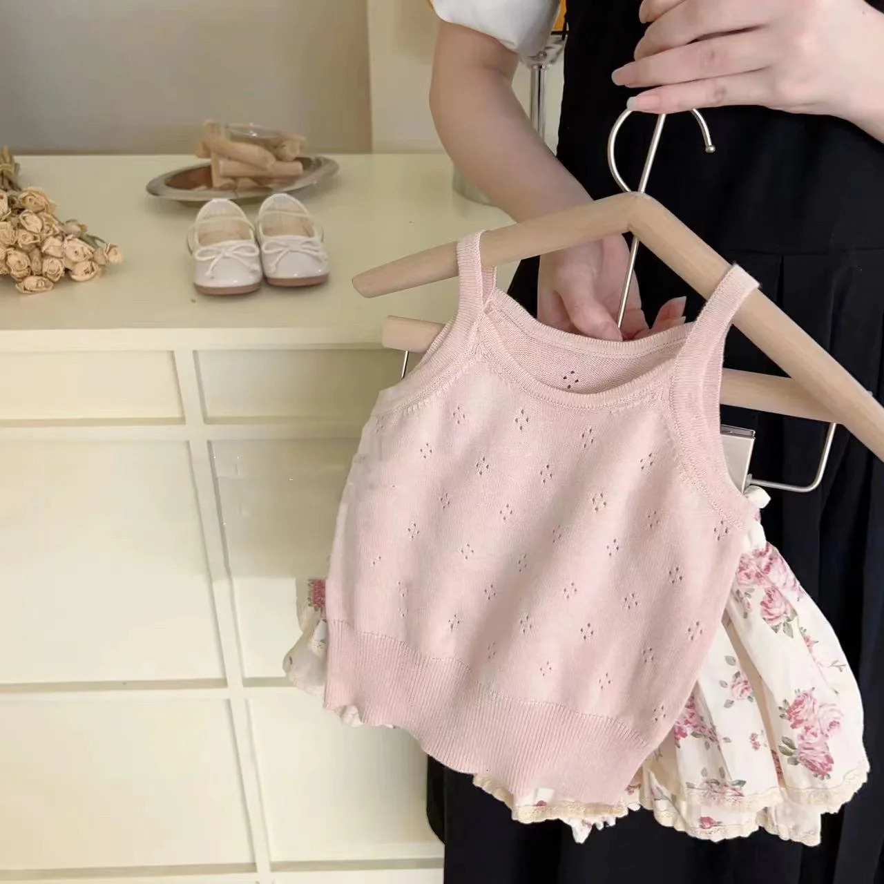 Ins Summer Toddler Girl Outfit Hollow Cool Slip Tees Lace Rose Flower Bud Shorts Baby Girl 2PCS Clothes Set Kid Girl Suits 250304