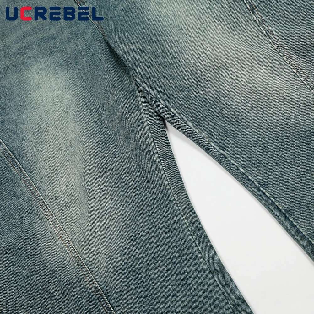 Spliced Washed Distressed Jeans Mens Retro High Street Loose Wide-Leg Denim Pants Men Trousers
