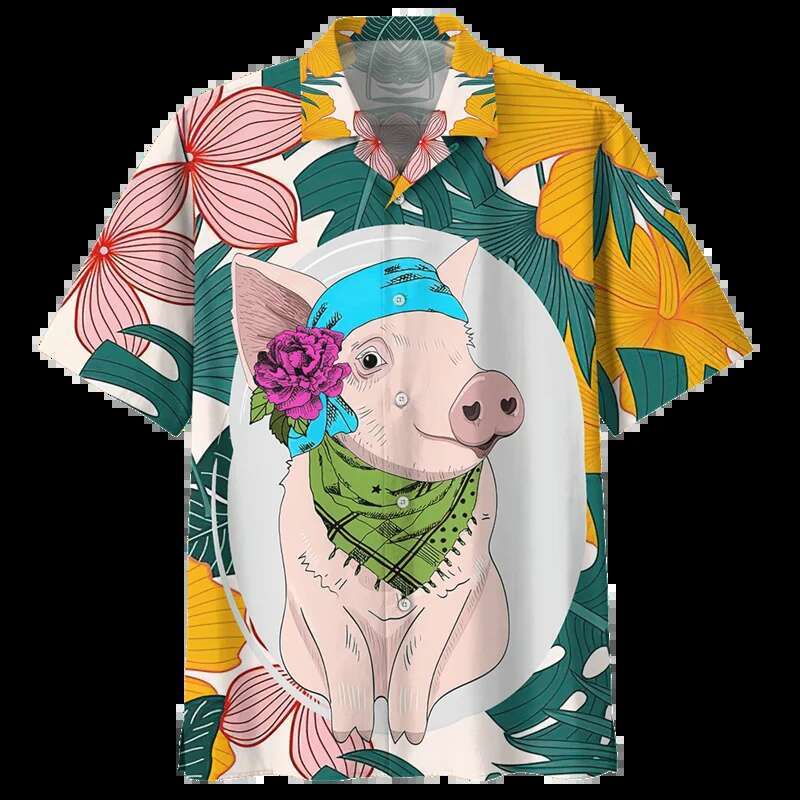 Cartoon Pig Pattern Hawaiian Men's Designer Shirt 3D Printed Animal Short Sleeved Summer New Item Collar Oversized Shirt Street Button Shirt Beac