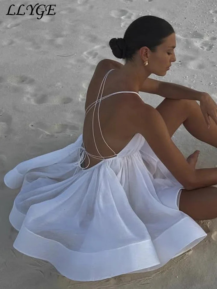 Beach Backless Short Puffy Sling Dress Women Sexy Lace Up Sleeveless A-line Dresses 2025 Summer Lady Vacation Seaside Solid Robe 250303