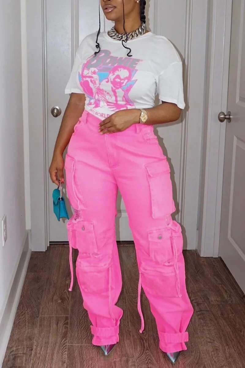 Plus Size Pockets Wide Leg Woman Blue Cargo Jeans Womens Vintage High Waist Baggy Denim Pants Casual Loose Trousers Streetwears