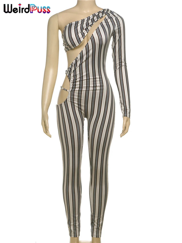 Weird Puss Sexy Hollow Jumpsuit Women Ruched Irregular Hipster Club Stripe Print Full Sleeve Midnight Activity Workout Overalls 250303