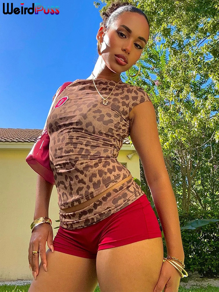 Weird Puss Leopard Print Women 2 Piece Set Tracksuit Sexy Shorts Sleeve Crop TopsShorts Stretch Matching Clubwear Slim Outfits 250303