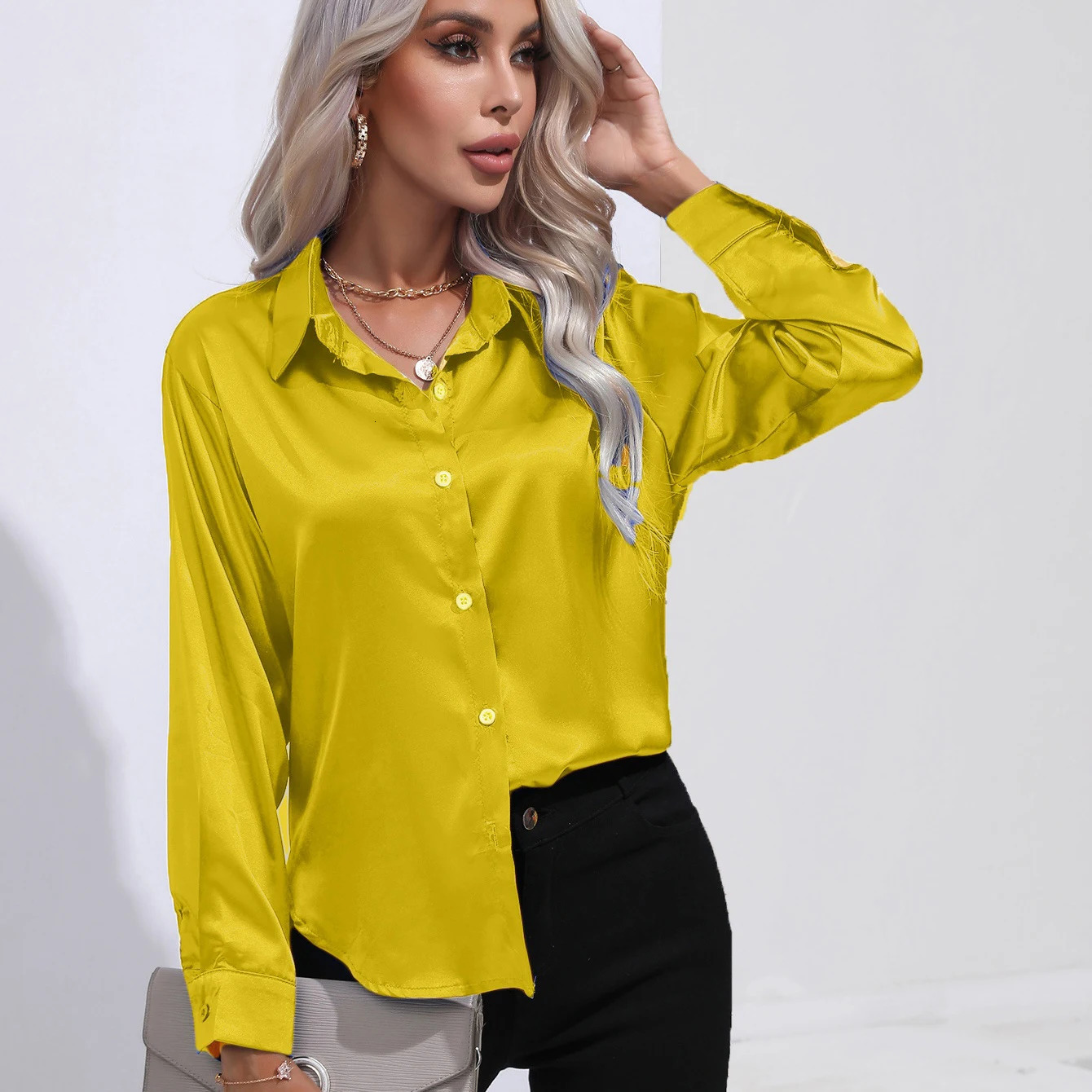 Autumn Casual Womens Blouses Elegant Satin Multicolor Basic Slim Shirt Solid Vintage Trend Ball Dance Party Shirt All-Match Top 250303