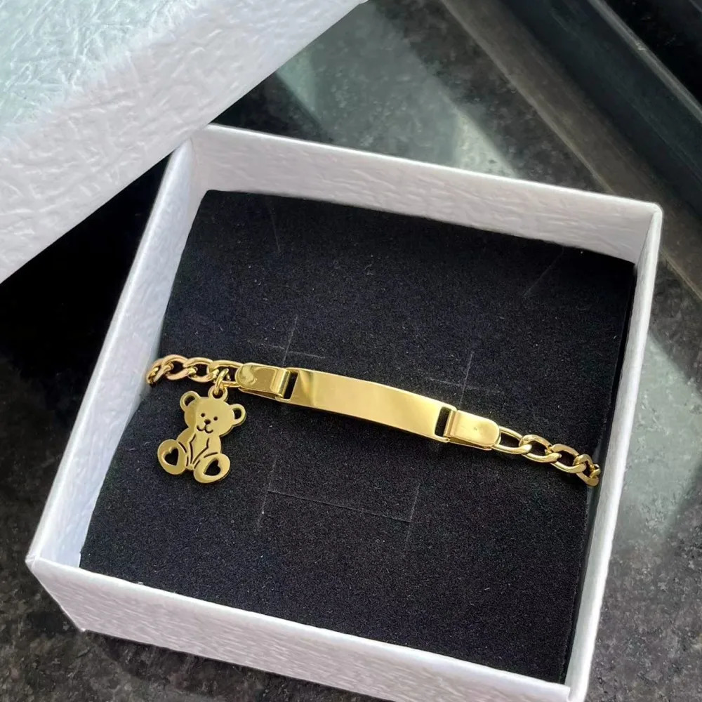 DUOYING Custom Teddy Bear Bracelet Engrave Names Personalized Pendant Charms Chain Bangles Stainless Steel For Kids Jewelry Gift 250304