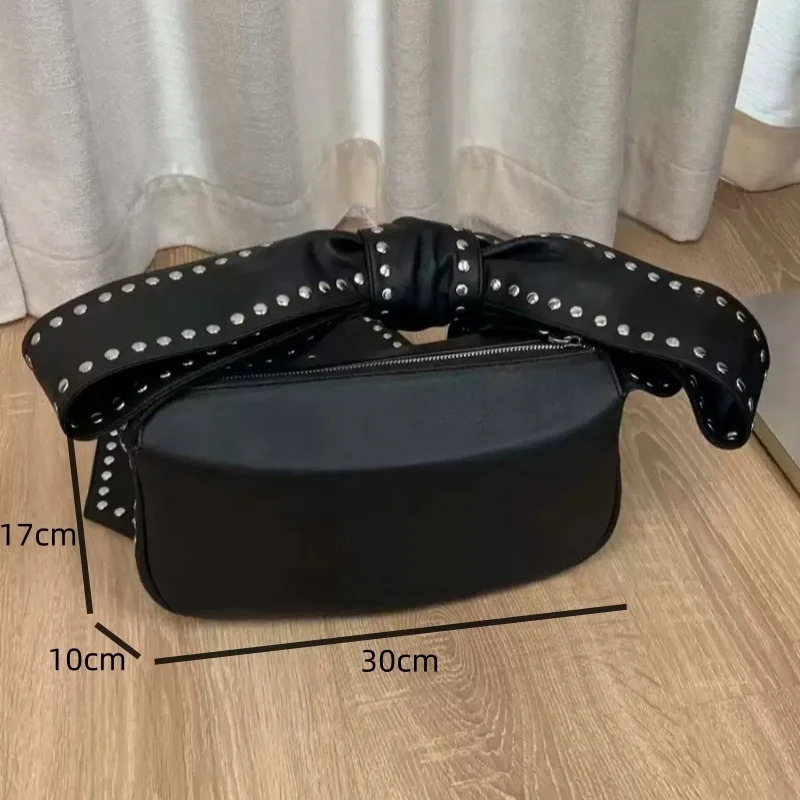 Rivet Black Shoulder Bag Bow Tie Fahsion Handbag PU Grunge Punk Cross Bag Zipper Street Bag Womens 250228