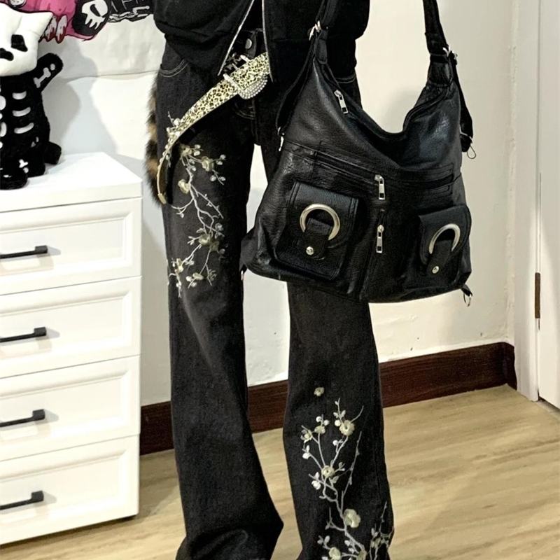 American fashion trend embroidery micro flash jeans millennium retro girl ultra-thin fit micro flash jeans Harajuku Y2k Trouser 250224