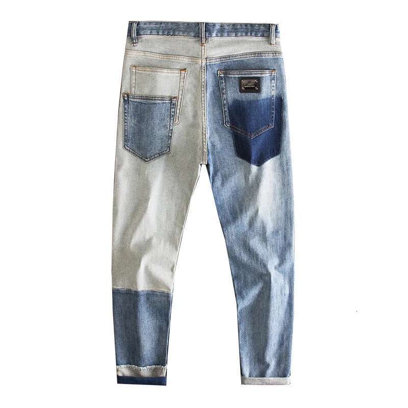Ripped Patch Jeans For Men, Light Blue, High-End Fashion Design, Patchwork Slim Fit Straight Pants