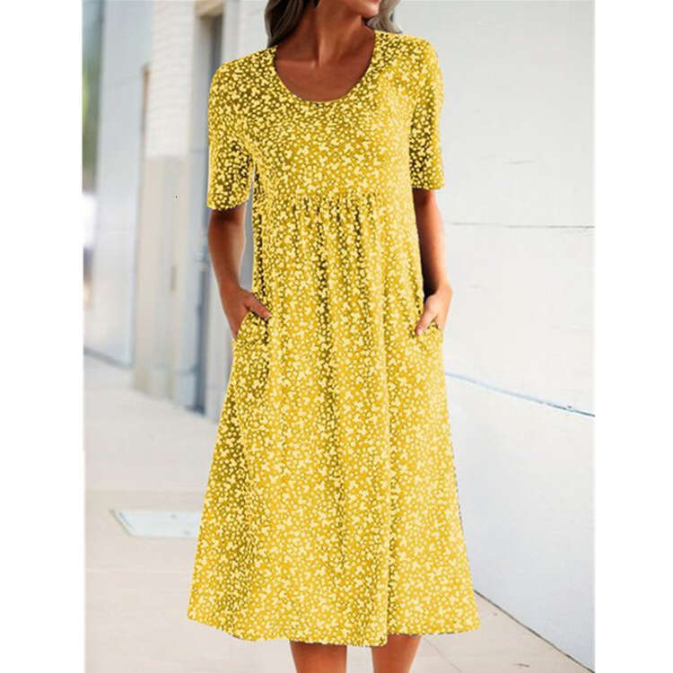 popular European and American French vacation style round neck short sleeved ral mid length dress 2025 new casual fashion trend clothing