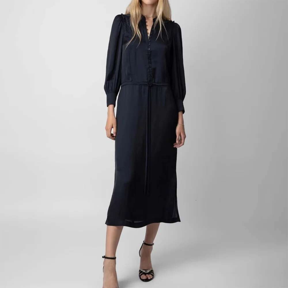 Qi Solid Graphic Print Women O-Neck Long Sleeve Tie Waist Button Lady Midi Skirt Casual Classic Dress Femme 2023