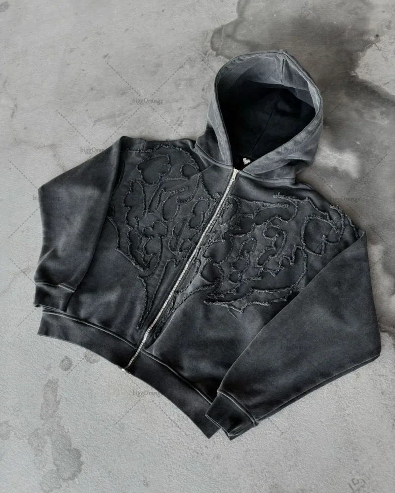 Punk Embroidered Zipper Hoodie American Trend Y2K Mens Harajuku Retro Street Jacket Gothic Casual Oversized Sweatshirt Womens 250228