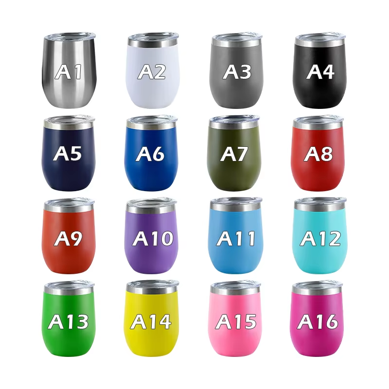 Customize logo 12oz Powder Coated wine glass Tumbler Stainless Steel Double Wall Insulated Vacuum egg Cups with lid red wine glasses 16 colors