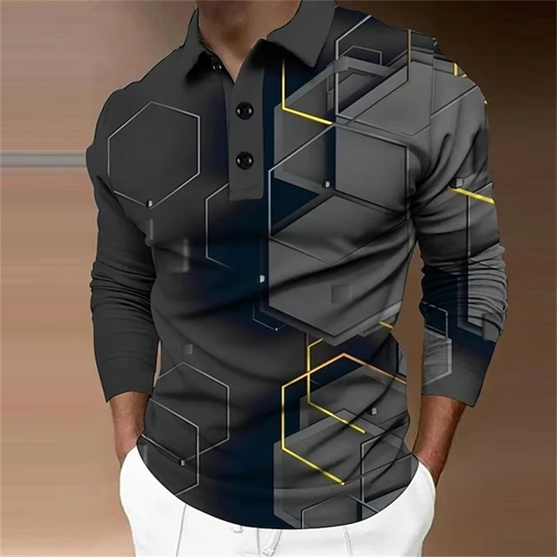 Mens Long Sleeve Polo Shirt Golf Shirt Graphic Prints Geometry Turndown 3D Print Outdoor Street Long Sleeve Comfortable Tops 250304