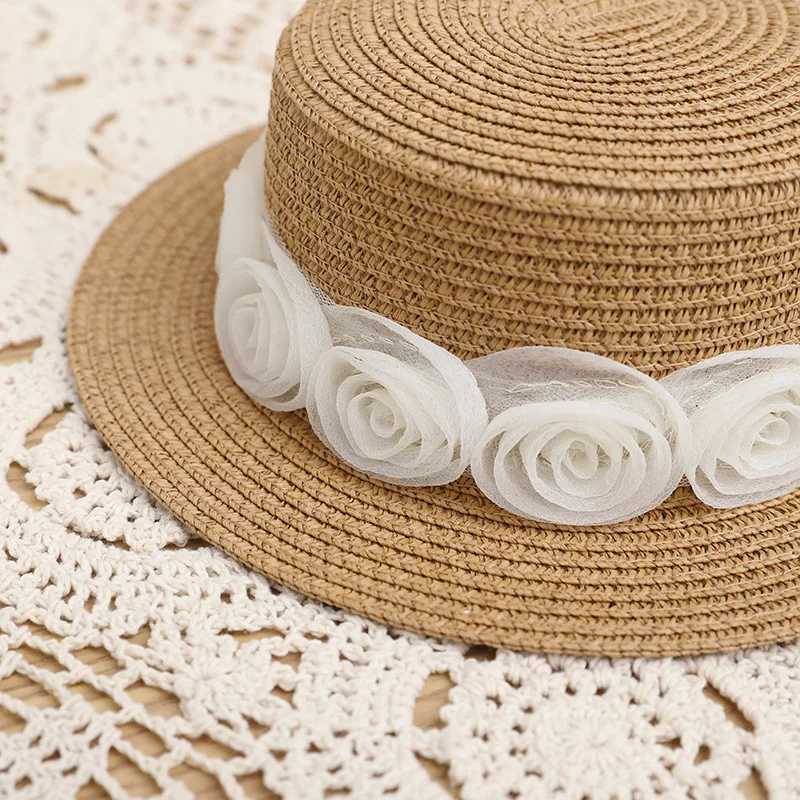 New Fashion Str Hat Parent-child Travel Beach Bucket Hat Rose Flower Lace Beach Sun Cs Women Girls Panama Kids Party HatXJ250304