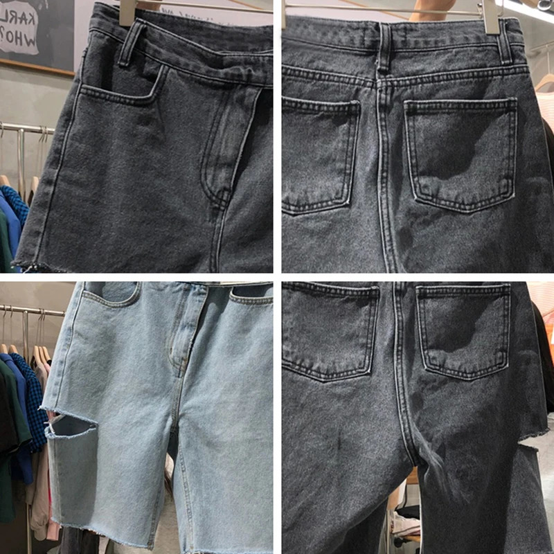 Large Size Hole Denim Shorts Summer Womens Chic High Waisted Five Point Fashion Casual Straight Leg Shorts 250303