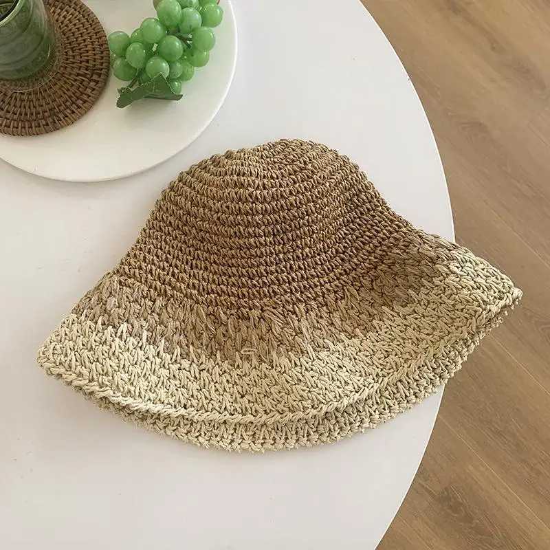 Women Spring Summer Breathable Sun Handmade Crochet Contrast Stripe Fresh Colors Per Bucket Str HatXJ250304