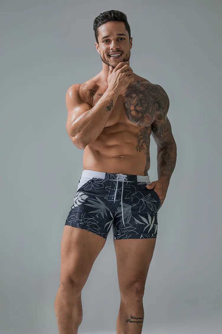 Summer Mens Beach Swimming Trunks Drawstring Elastic Waist Swimsuit Shorts Man Plus Size Quick Drying Swimwear ShortsT250304