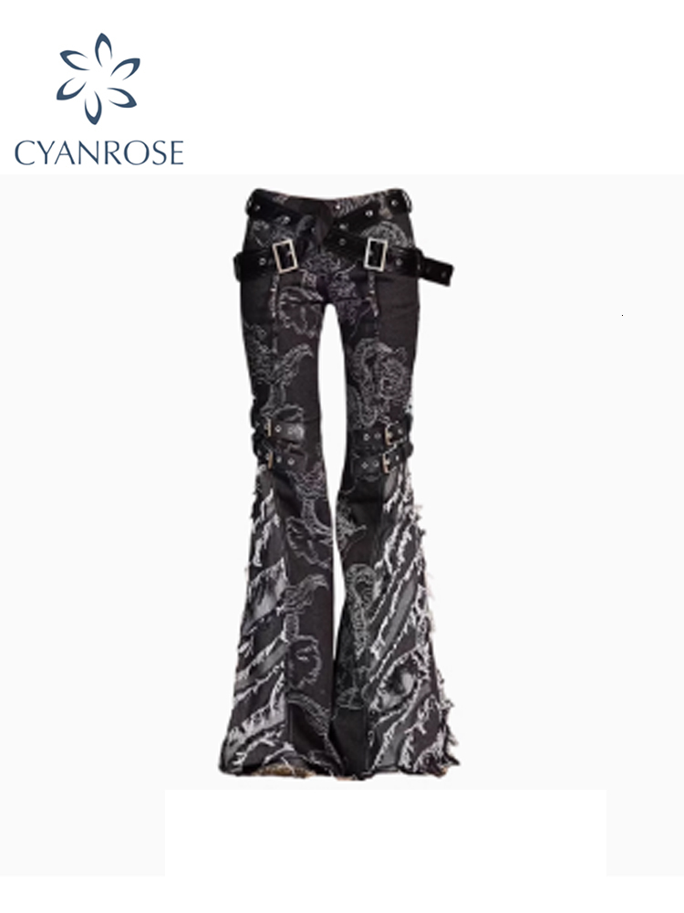 Women Black Goth Baggy Y2k Flare Ripped Jeans Oversize Denim Trousers Vintage Japanese 2000S Style Emo Jean Pants Trashy Clothes