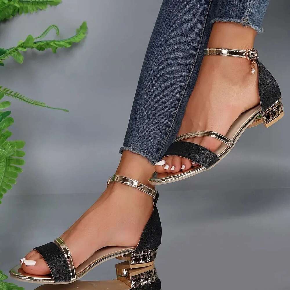 Casual Women Sandals Women's Open Toe Summer Gold Shoes Square Female Ankle Strap Low Heels Footwear Woman 's