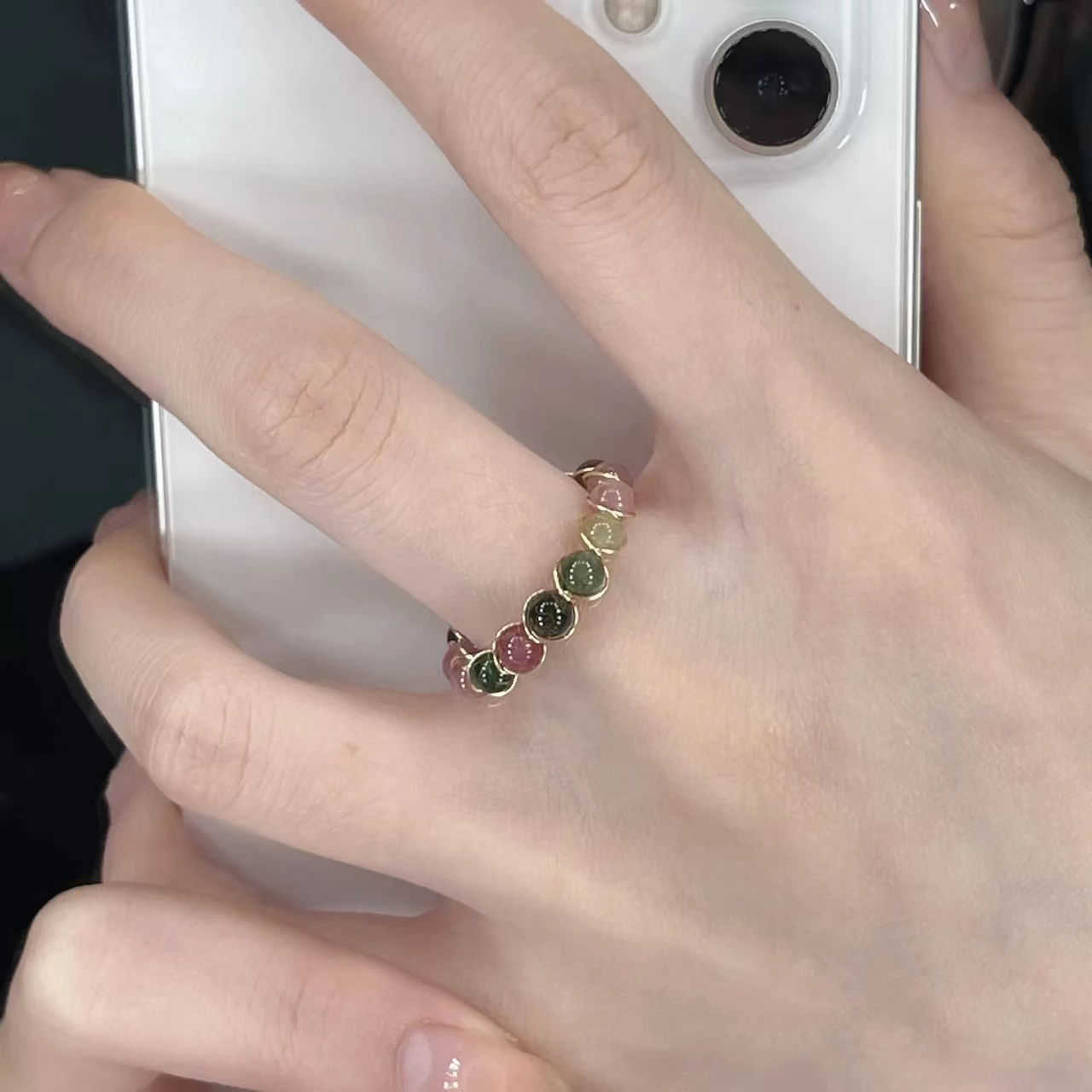 Couple Rings The same rainbow tourmaline ring fashionable multi treasure beaded ring for womens small number of ins high sense index finger ring H2530
