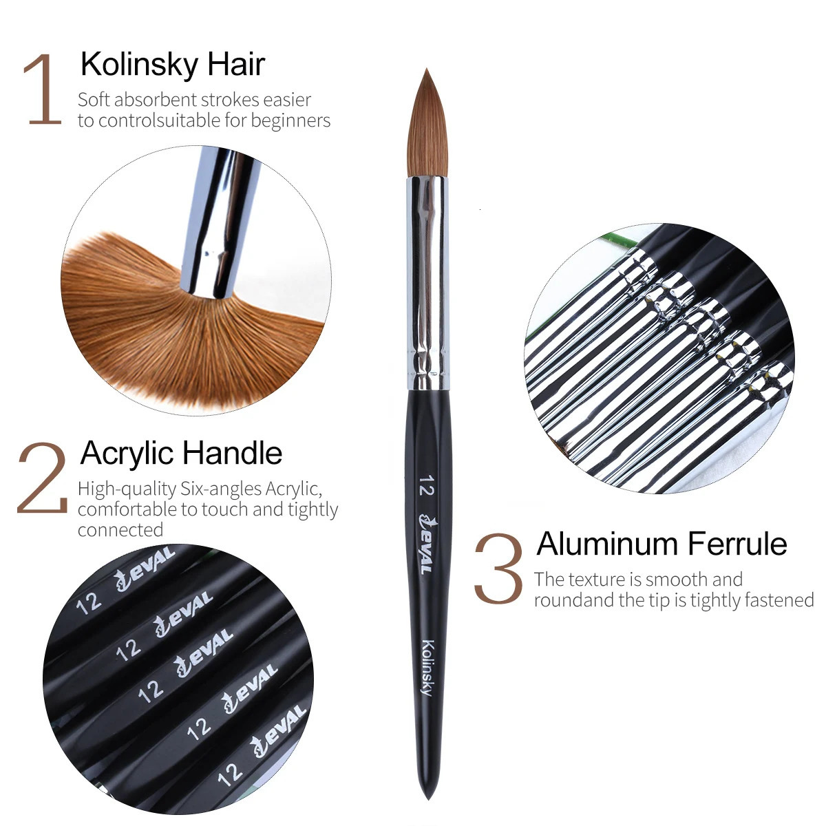 Eval Pure Kolinsky Hair Nail Brushes Acrylic Nail Painting Brush Professional UV GEL Nail Manicure Powder Pedicure Art Tools 250304