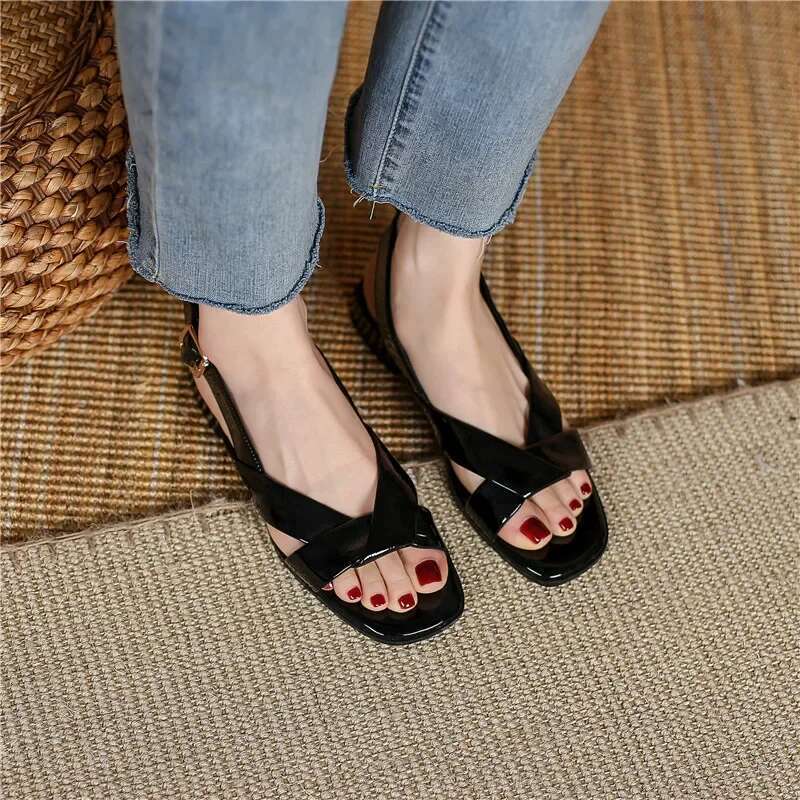 Genuine 2025 New Leather Women Low Heel Square Toe Casual Shoes Summer Comfortable Ladies Sandals Black Beige Size 35-42