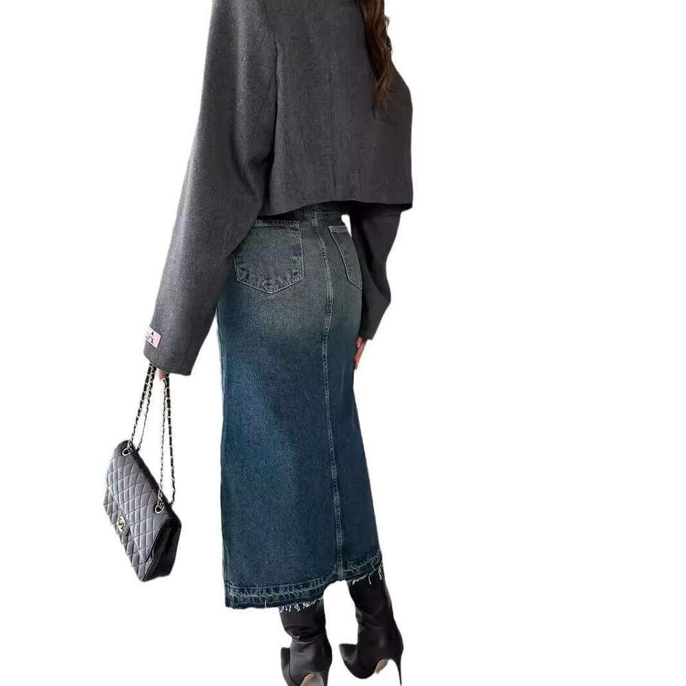 High Quality Women's Long Denim Casual Mid Waist Split Front Midi Jean Skirts With Pockets