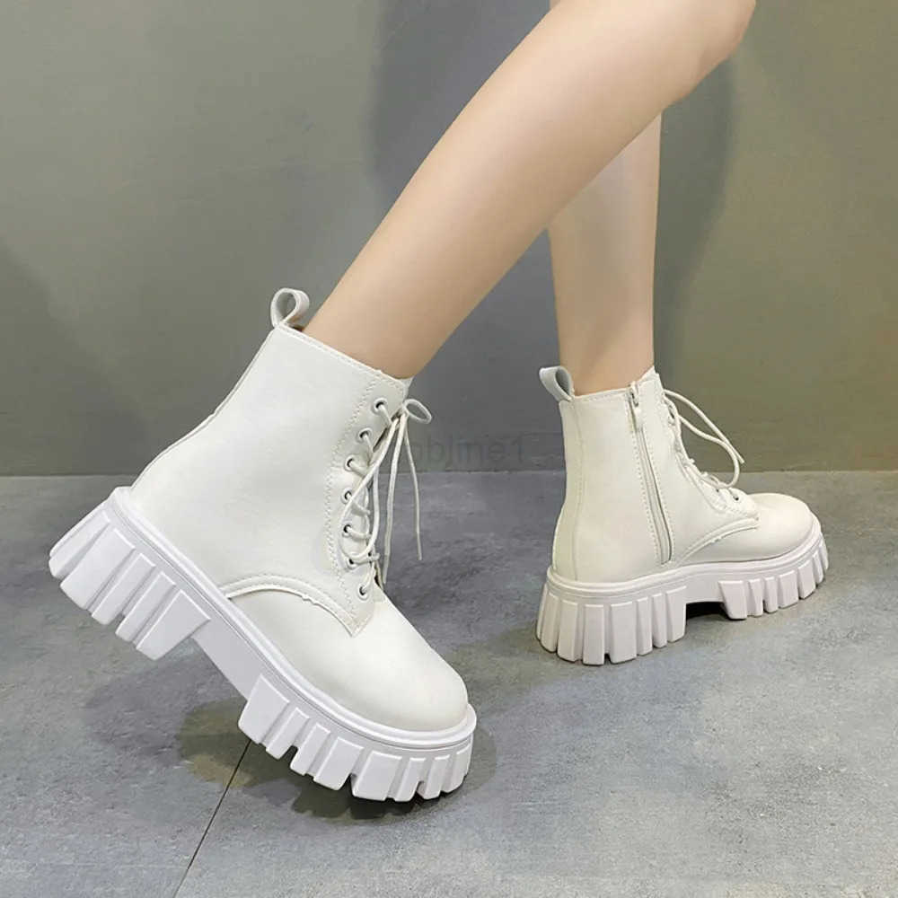 Chunky Platform White Ankle Boots Wen Autumn Winter Pu Leather Booties Mujer Punk Thick Bott Motorcycle Boots size 35-42 Z250304