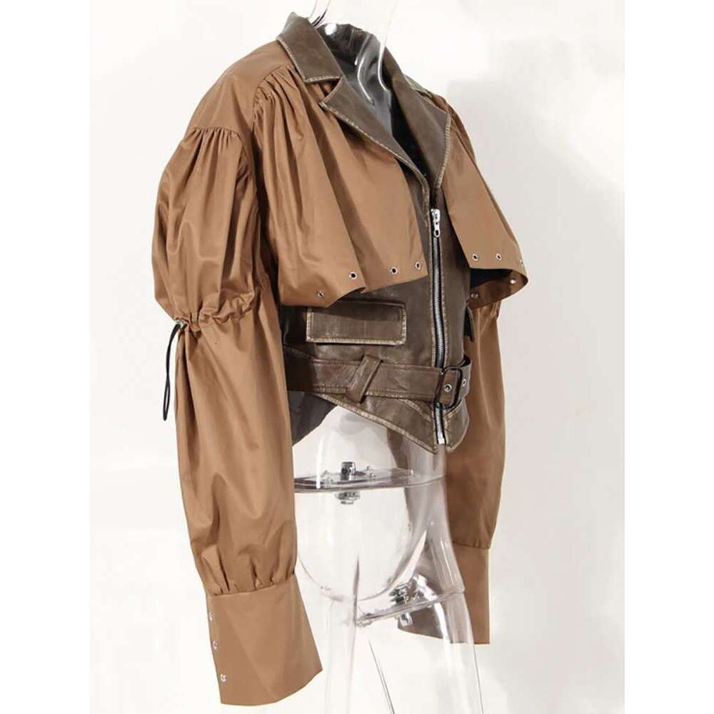 2025 New Autumn And Winter Fashion Women Clothes Turn-Down Collar Full Sleeves Spliced PU Leather Patchwork Jacket Wt264