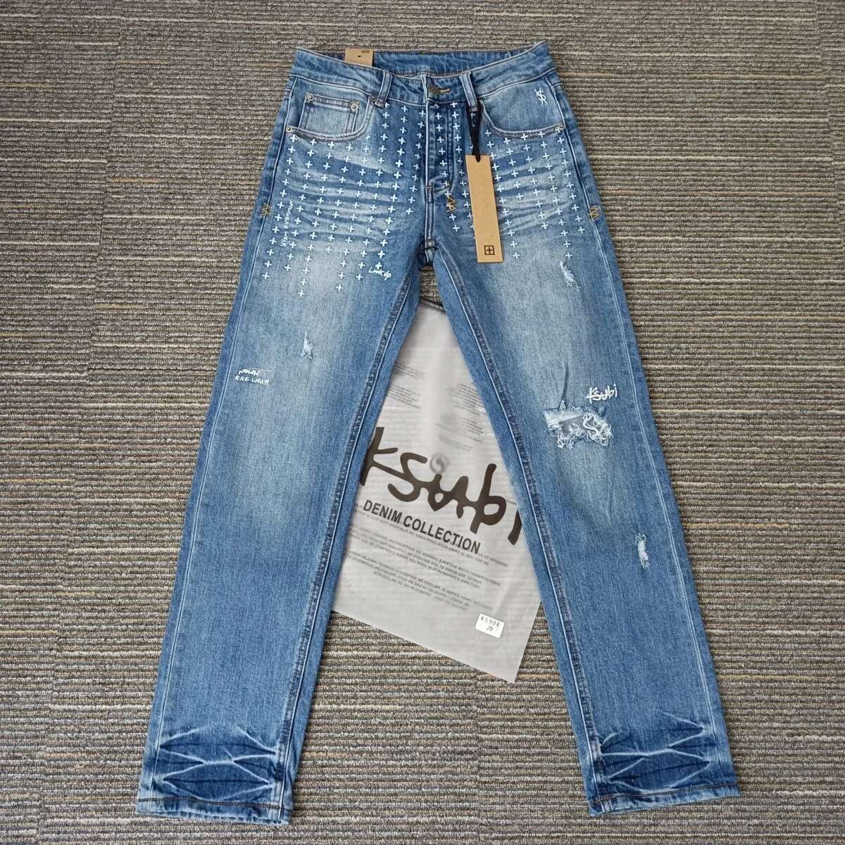 American High Street KSUBI Cross Jeans Men Fashion Brand Retro Wash Blue Hole Patch Daily Casual Low Rise Elastic Straight Pants