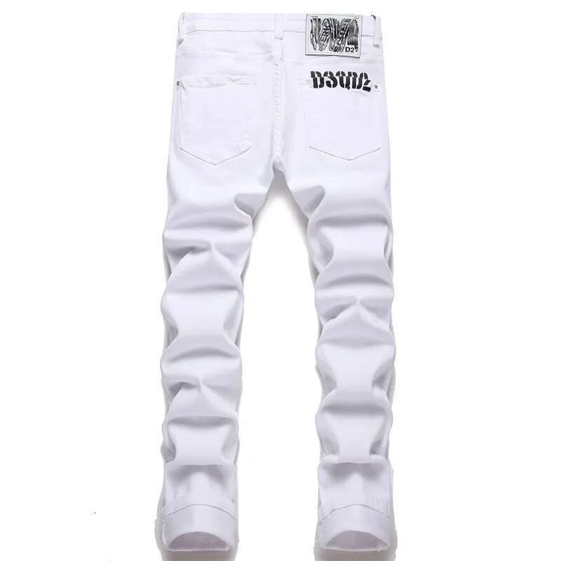 Pure White Jeans Slim Hole Elastic Four Seasons Casual Cotton Men's Basic Washing Process