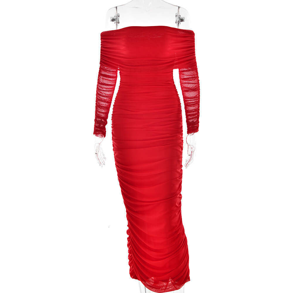 New mesh one shoulder pleated for women, slim fit sleeved dress with wrapped buttocks and long skirt