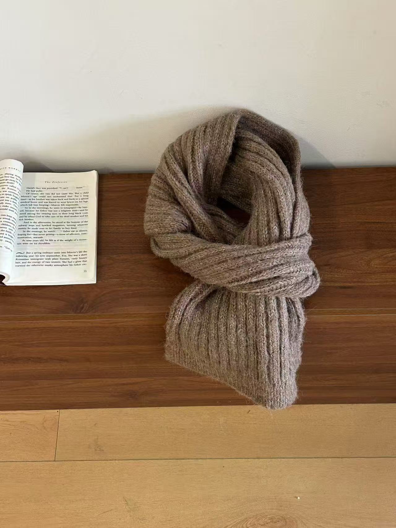 K041 Solid color wool blended gray knitted scarf for women winter thickened warm student couple woolen scarf