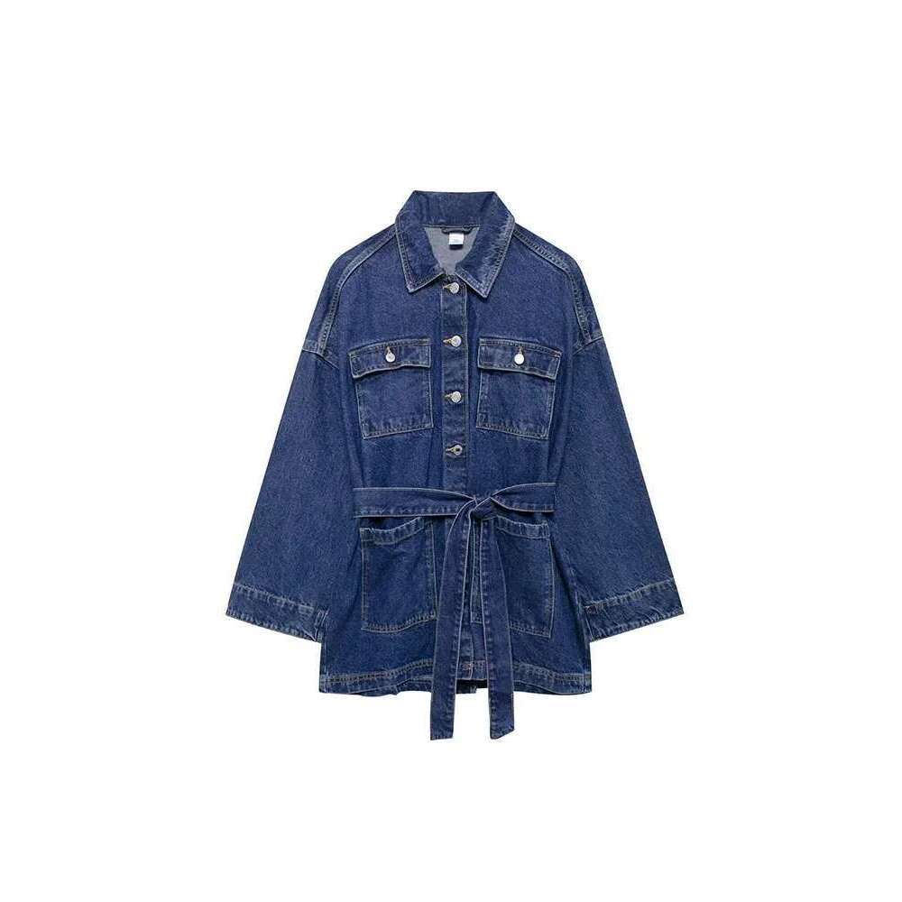 Willshela Women Fashion With Belt Denim Blue Single Breasted Jackets Vintage Lapel Neck Long Sleeves Female Chic Lady Outfits