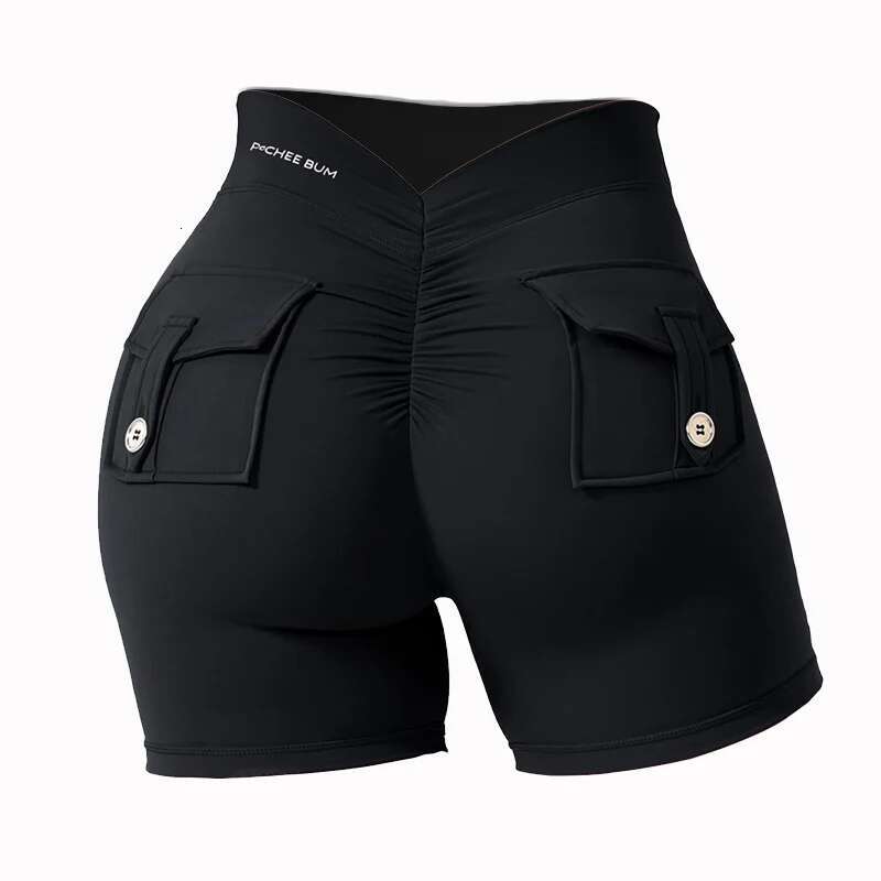 Bum Deep V-Back Waist Button Scrunch Yoga Shorts Women Pocket Scrunched Butt Gym Legging Push Up Tights Short