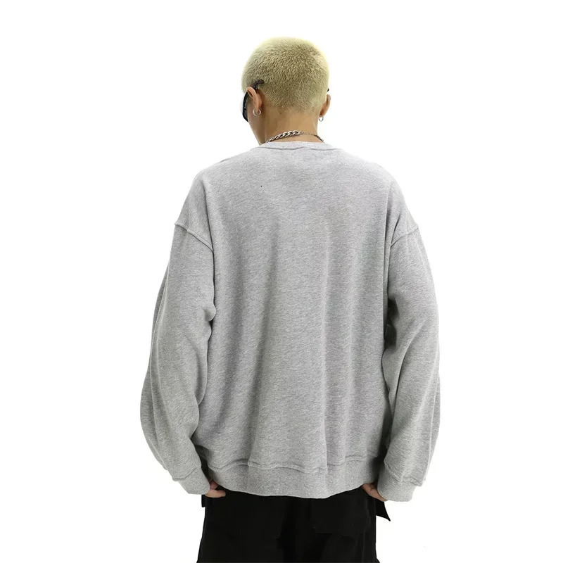 Autumn Zipper n Oneck Sweatshirts Mens Y2K Vintage Streetwear Gray Pullover Hoodies Loose Hip Hop Fashion Sweatshirt 250304