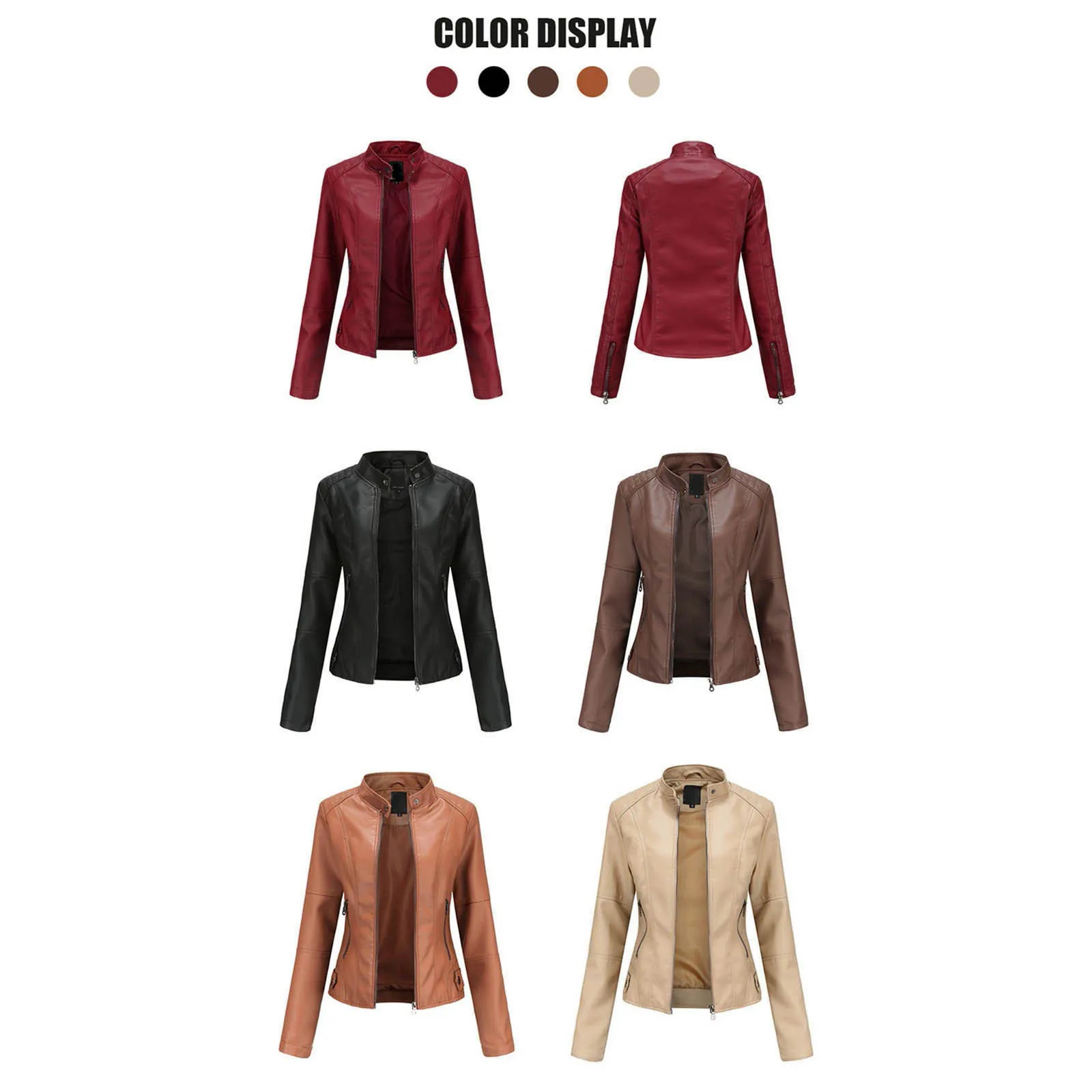 Womens Solid Color Pu Leather Jackets Slim Fit Zipper Bomber Coat Turtleneck Motorcycle Jacket 250226
