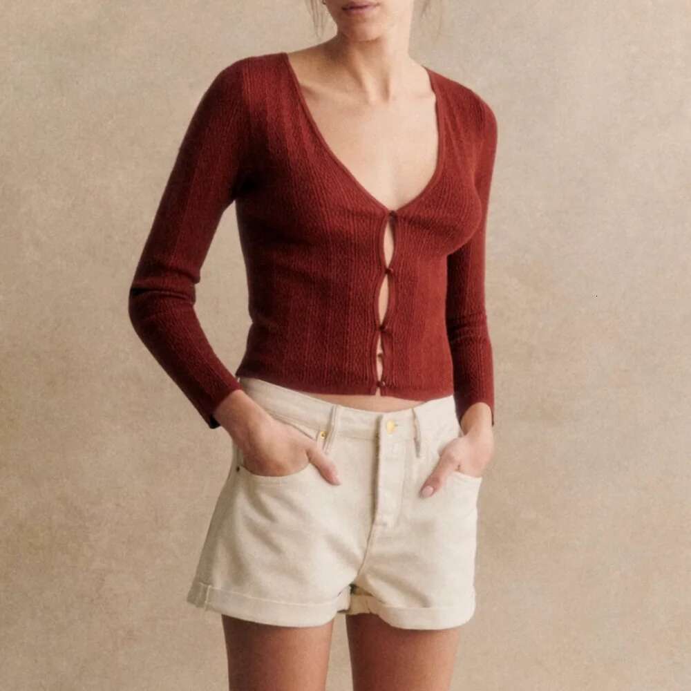 Solid Knit Women Short Style T-Shirt V-Neck Long Sleeve Slim Fit Button Lady Cardigan Casual Vintage Femme Top 2025