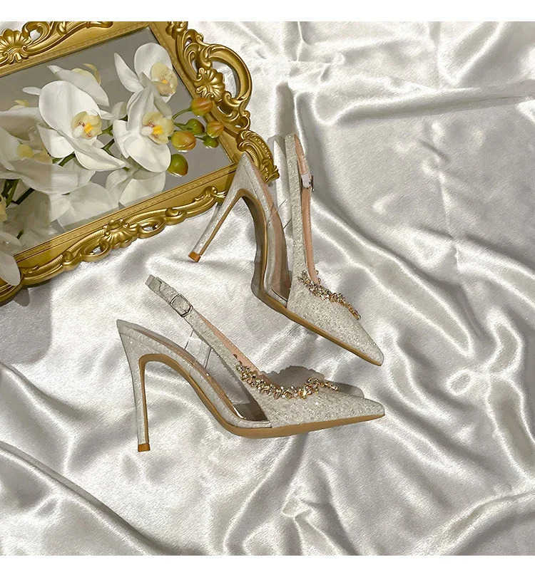 2025 Summer Classic Crystal Pumps Sexy Pointed Toe Rhine Sequin Cloth High Heel Sandals Wens Banquet Dress Wedding Shoes Z250304