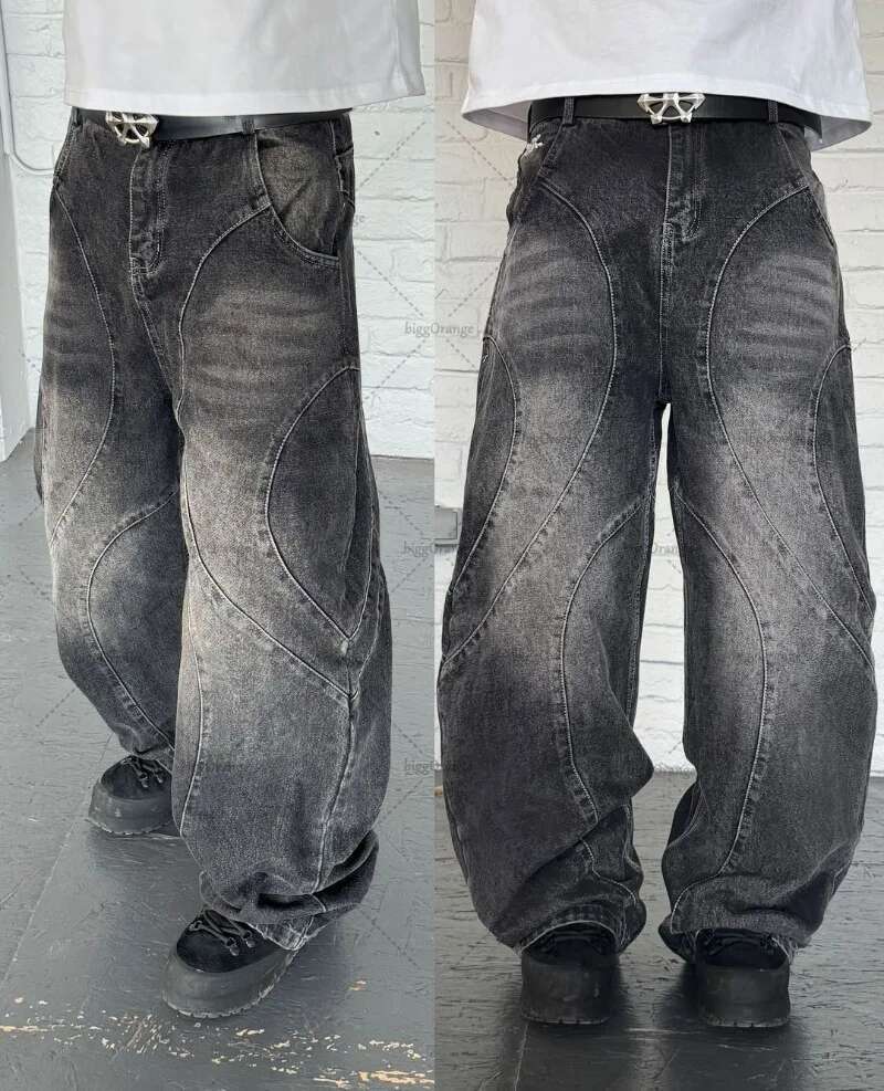 New High Gothic Punk Dark Trousers Y2k Haruku Retro Washed Distressed Baggy Jeans Men Street Fashion Straight Leg Pants